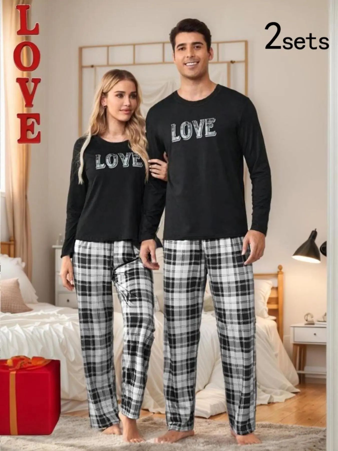 Couple Pajama Set, Matching Long Sleeves Plaid Pants, Christmas Theme Sleepwear, Loose-Fitting Casual Home, All-Season Comfortable Nightwear for Couples