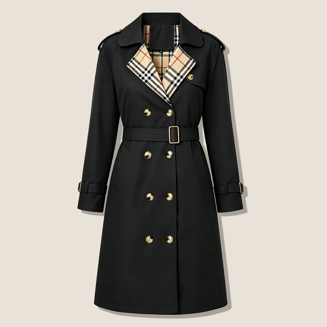 Women’s fashion trench coat – double-breasted long design with a turn-down collar and plaid lining, featuring a waist belt for cinching; classic British-style outerwear suitable for everyday commuting, office wear, travel, and dates. sohochic