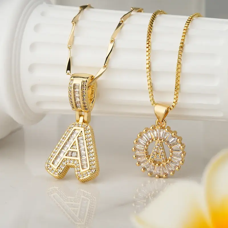 Women's 2-Pack 14K Gold Plated Bubble Letter Initial Pendant Necklaces - Cubic Zirconia, Adjustable Length, Copper-Zinc Alloy, Gold Jewelry, Jewelry for Women, Ideal for Parties, Birthdays backtoschool