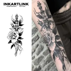 INKARTLINK Tattoo Tech, 2 Sheets Large Semi Permanent Tattoo, Adult Art Design Temporary Tattoos, Lasts 1-2 Weeks, Waterproof, Realistic Look, No Adhesive, No Reflection (Flower and Sword Design)