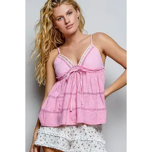POL V-Neck Embroidered Trim Ruffled Cami