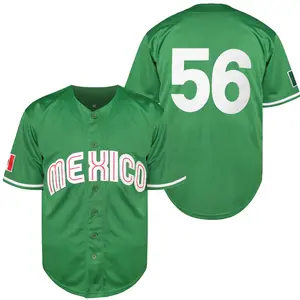 Mexico #56 Green White Stitched Baseball Jersey Button Down Shirt with Mexican Flag Patch Embroidered Letters for Men Sports Fan Apparel