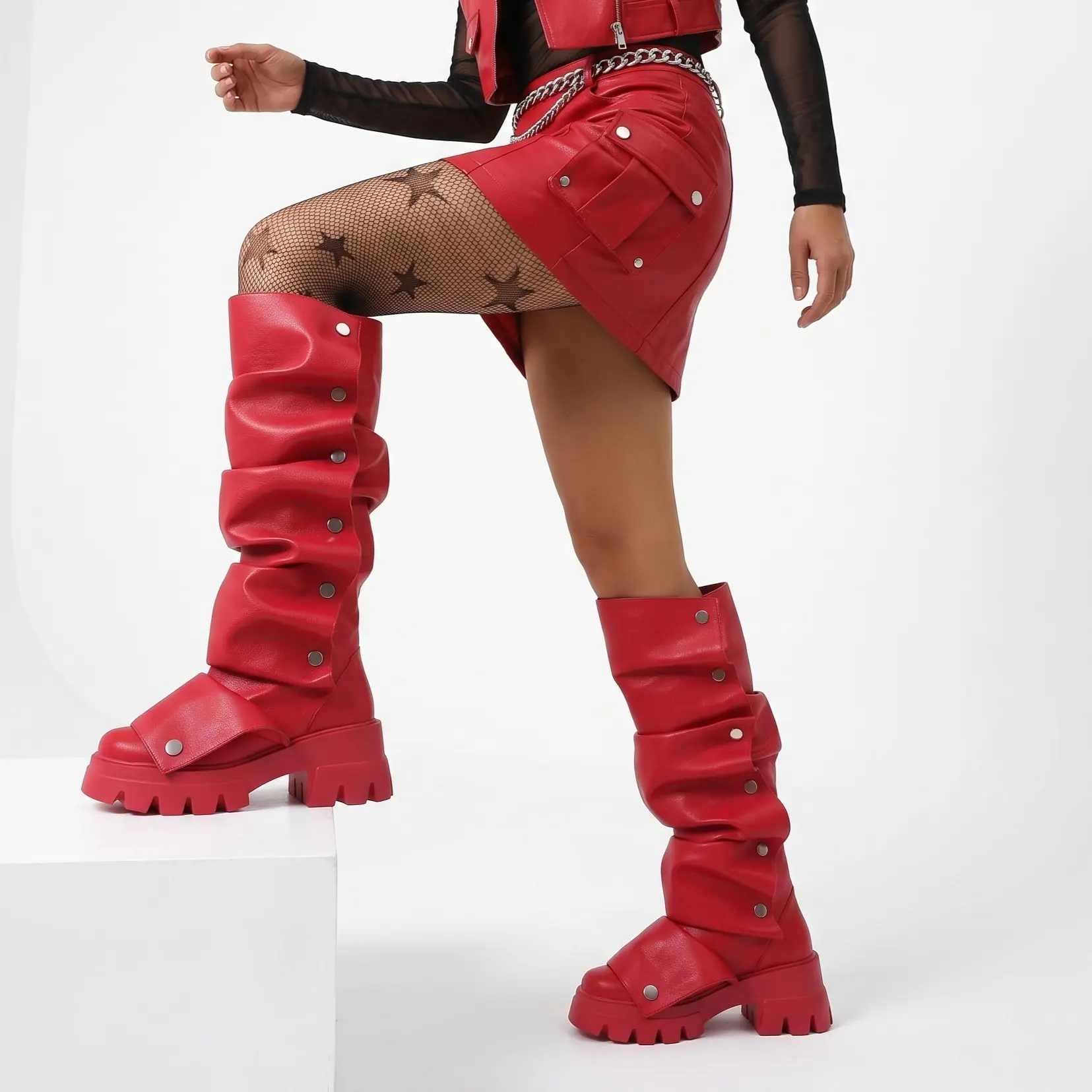 Knee High Boots For Women Slouchy Round Toe Chunky Platform Sole Pull On Wide Calf  Snap Studs Ruched Fashion Comfortable Stylish Party Dress Date Casual Outdoor Concert Nightout Street Fold Over Booties Shoes