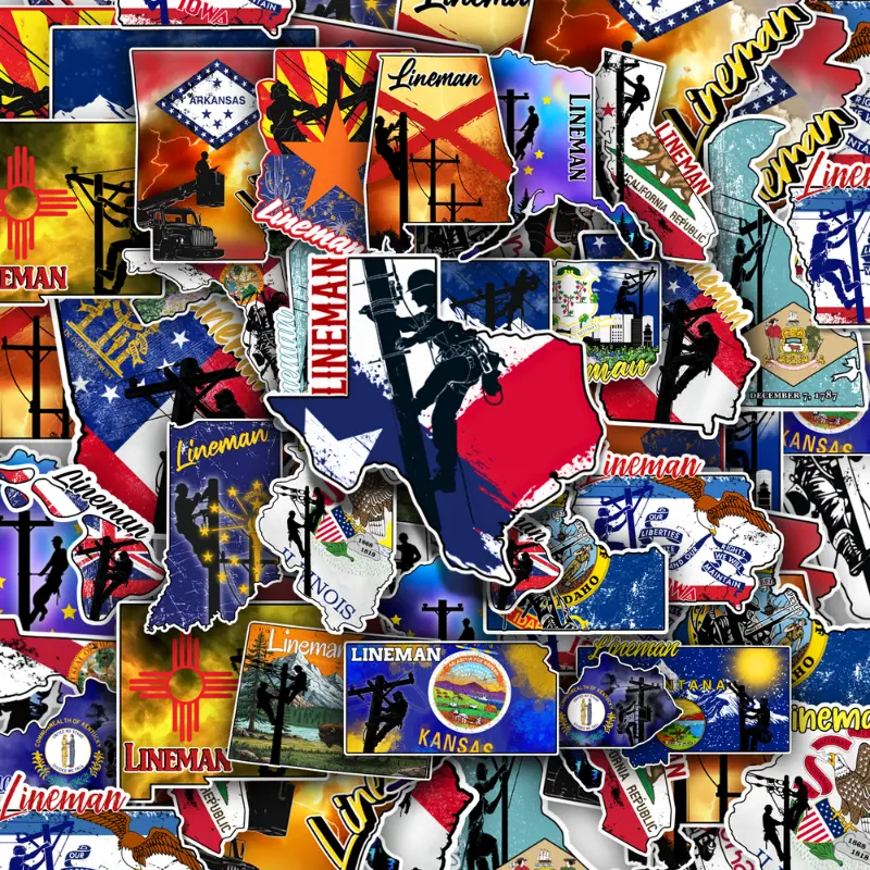 Lineman State Stickers – All 50 State Decals for Hard Hat, Toolbox, Laptop – Water Resistant Vinyl Blue Collar Lineworker Stickers