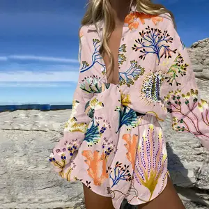 Comfortable beach vacation style dress, abstract plant print two-piece set, pink series with marine creatures as the theme, comfortable fabric with coral pattern