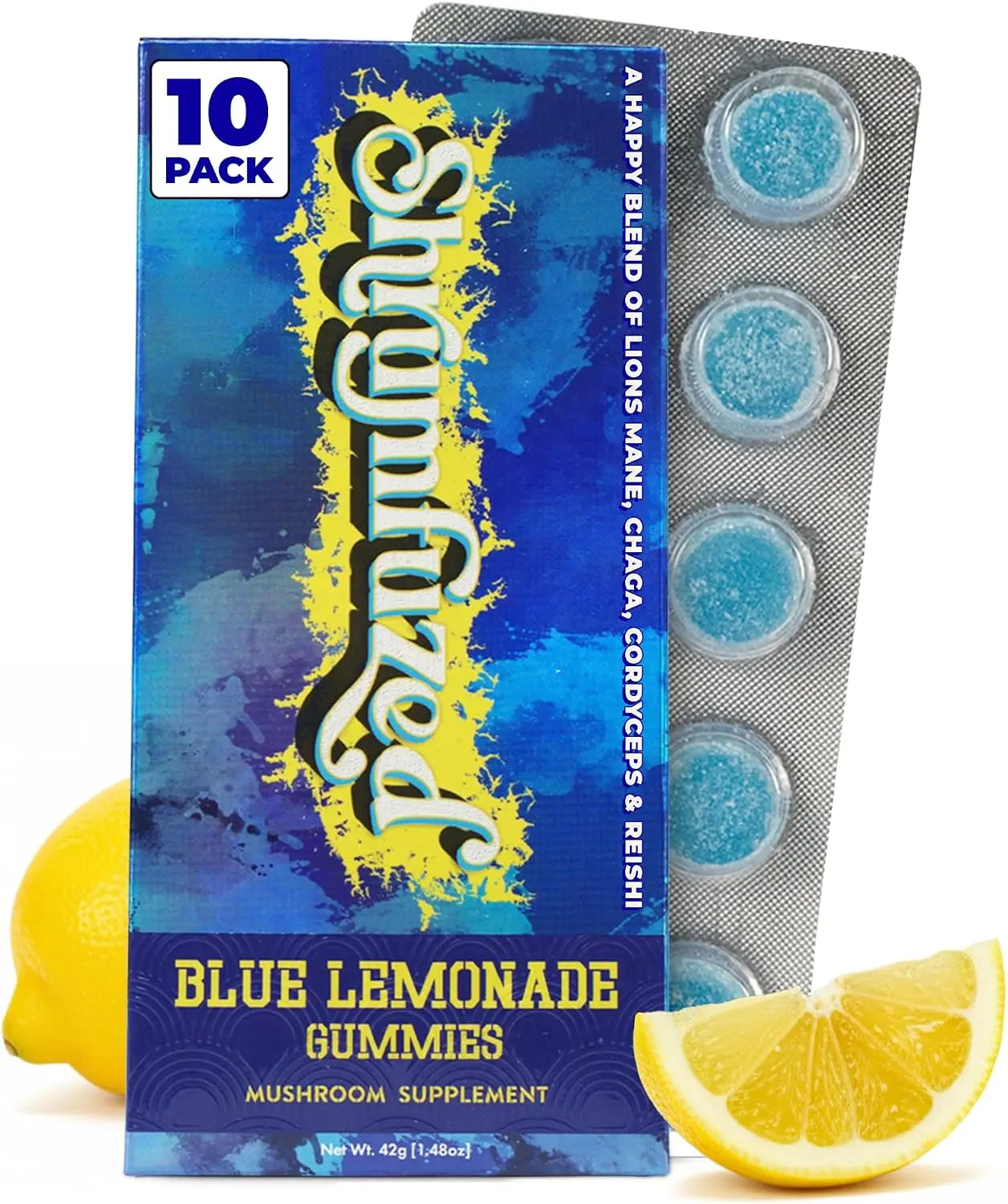 Shrumfuzed Mushroom Gummies, Blue Lemonade Flavor, 10 Count, with Lion’s Mane, Reishi, Cordyceps & Chaga Supplement Vitamin