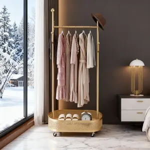 Freestanding Clothes Rack with Wheels and Storage Base, Metal Coat Rack
