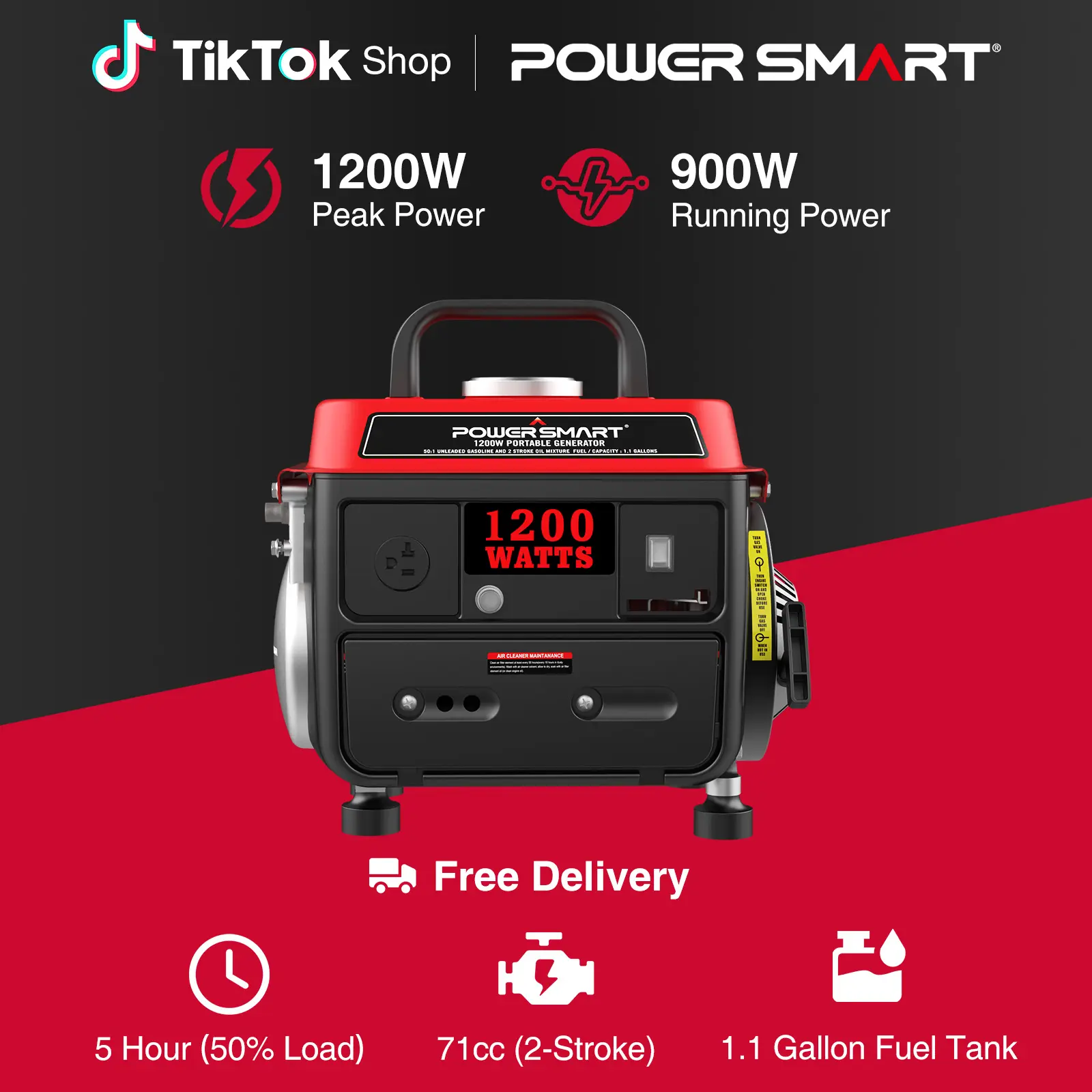 【Summerfinds】PowerSmart PS50 1200-Watt Compact Small Home Backup Generator - 34 lbs Ultralight, Super Quiet, EPA Compliant, 12V DC Battery, 900W Steady Run, 5h 50% Load Run, 120V 20A Outlet, 50:1 2-Cycle Mix, Carrying Handle for Home, Outdoor Activities