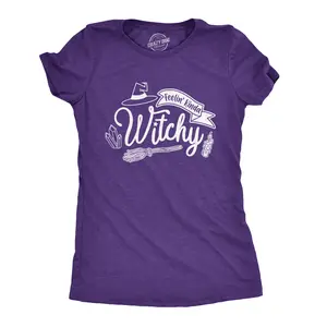 Womens Feelin Kinda Witchy T Shirt Funny Halloween Witch Tee Funny Womens T Shirts Cute Vintage Fashion Casual Ladies T-Shirt Gift Halloween Tops for Women Women's Novelty Tees Purple