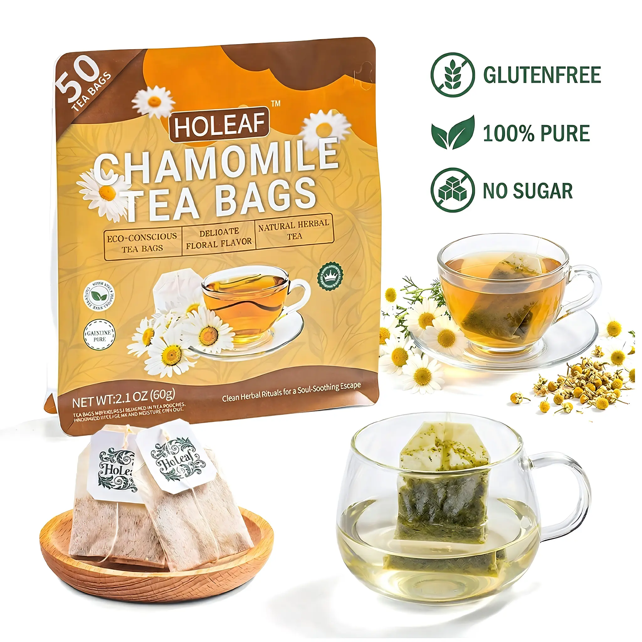 HoLeaf Chamomile Tea, 50 Individually Foil Sealed Tea Bags, 100% Pure Natural Herbal Tea, Caffeine Free, Bedtime Calming Sleep Support, Compostable Eco-Conscious Bags, No Preservatives No Additives, Smooth Soft Flavor, Daily Relaxing Wellness Tea