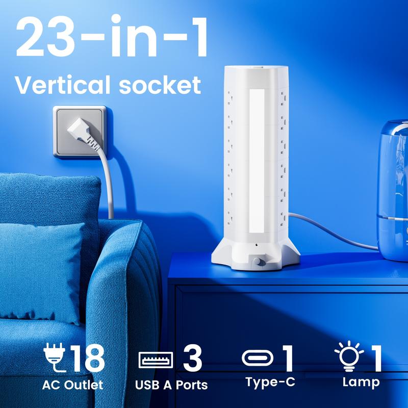 23in1 / 14in1 Power Strip with Overload Protection Featuring 9 AC Outlets 4 USB Ports (including 1 Type-C Port) A Flat Plug 1 Night Light And 1 Independent Switch Suitable for Home Workshop School Travel And Other Scenarios