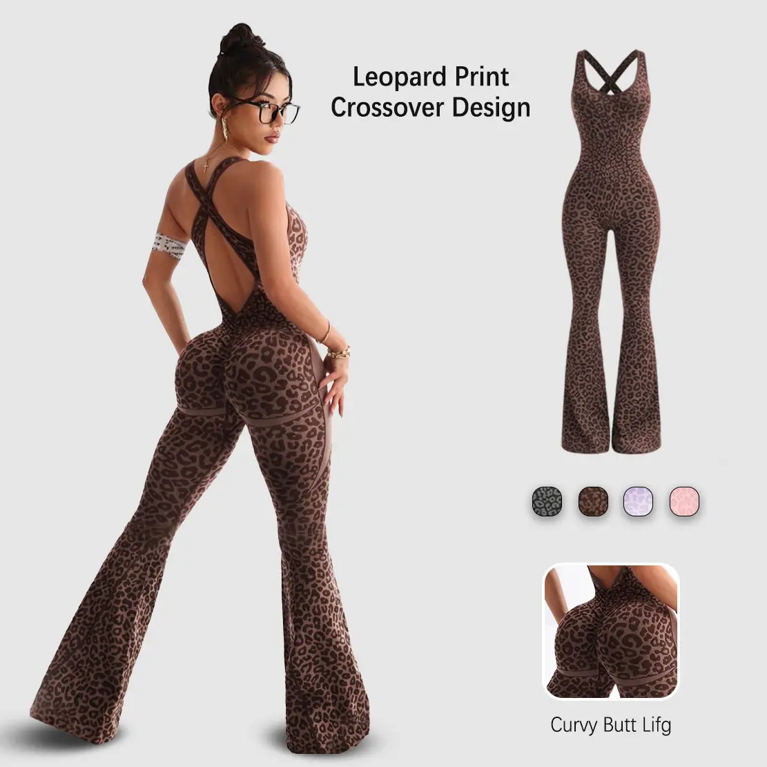 NVWA Women's Leopard Print Flared Sports Jumpsuit - Backless Hollow Cross-Twisted Back, High-Waisted, Cooling Quick-Drying, Figure-Flattering Sports Clothes for Yoga, Outdoor Activities, Casual Gym Wear tiktokshopbacktoschool