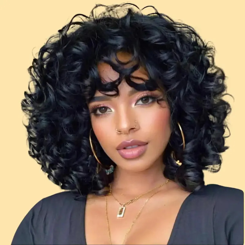 ZIHAN Women's 14-Inch Synthetic Full Machine Wig - Glueless Afro Kinky Short Curly Soft Black with Bangs, Heat Resistant, Natural Looking, for Celebrations, Weddings, Daily Wear