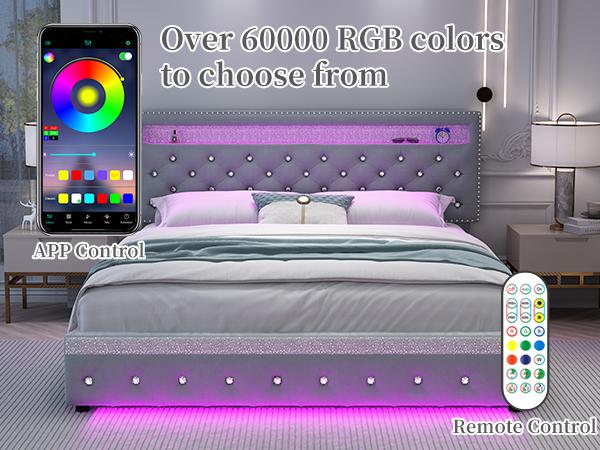 Sibeds Queen LED Bed Frame with 2 Storage Drawers, Adjustable Crystal Tufted Headboard, No Box Spring Needed, Upholstered in PU Leather or Velvet, Black/White/Beige/Gray