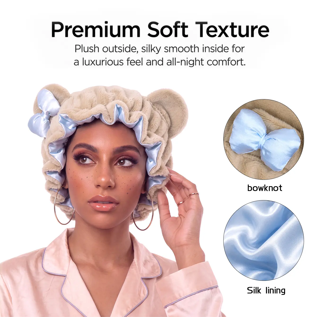 Plush Fuzzy Sleep Bonnet for Women, Double Layer Satin Lined Night Cap with Cute Light Blue Bow & Bear Ear Decor, Elastic Ruffle Edge Hair Protect Head Wrap for Sleeping, Curly Hair Care Soft Comfort Hair Cover Daily Night Accessory