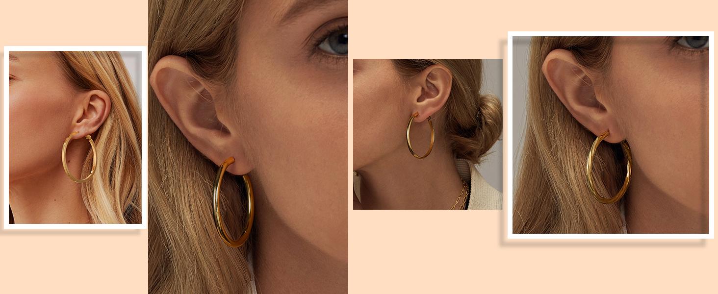 Gold Silver Hoop Earrings for Women Hypoallergenic Stainless Steel Lightweight Large Small Hoops Set 30mm 40mm 50mm 60mm Daily Wear Gift for Girlfriend Wife Mom