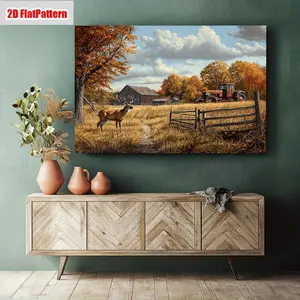 Farmhouse Wall Art Framed Canvas Print - Rustic Barn & Deer in Autumn Landscape Painting, Wooden Waterproof Wrapped Canvas with Wrap-Around Frame, Horizontal Country Decor for Living Room, Bedroom, Office - Vintage Farm Scene with Tractors & Hay Ba