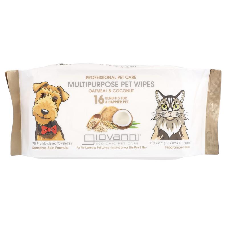 Giovanni Professional Pet Care, Multipurpose Pet Wipes, For Dogs and Cats, Oatmeal & Coconut, Fragrance-Free, 75 Pre-Moistened Towelettes