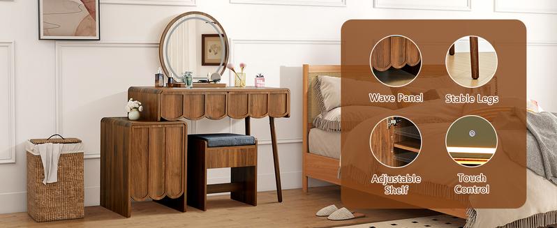 Giratree Vanity Desk with Mirror and Lights, Modern Wood Wave Panel Vanity Desk Set Makeup Table with Drawers and Cabinet, Dressing Table with Storage for Bedroom