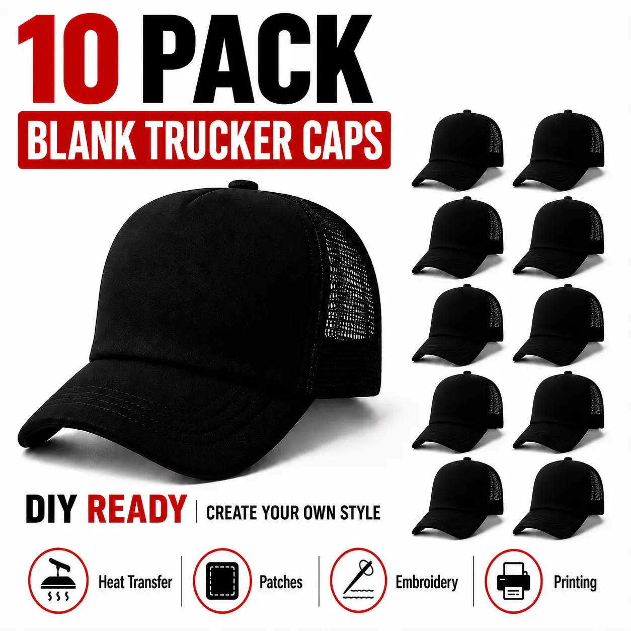 10 Pack Blank Black Trucker Hats for Men Women, Diy, Adjustable Mesh Snapback Baseball Caps, Breathable Plain Hats for Embroidery, Printing and Everyday Wear cap hats women