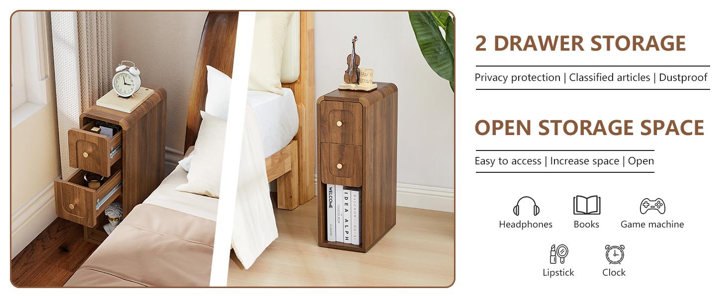 Giratree 23.62" Narrow Nightstand with 2 Drawers, Small Bedside Tables, Mid-Century Modern Slim Night Stand with Storage, Wooden End Table for Small Spaces, Bedroom, Living Room