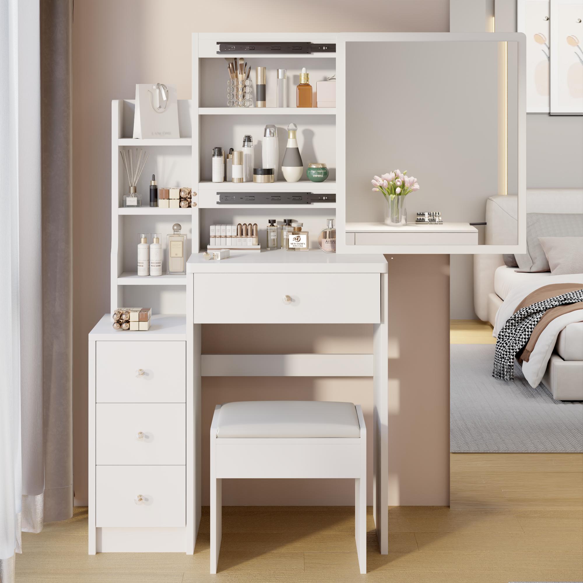 29.2" Small Space Modern Vanity Desk Set - Stylish Stand-Alone Makeup Vanities with Sliding Mirror, Cushioned Stool, Multi-Layer Storage for Bedroom