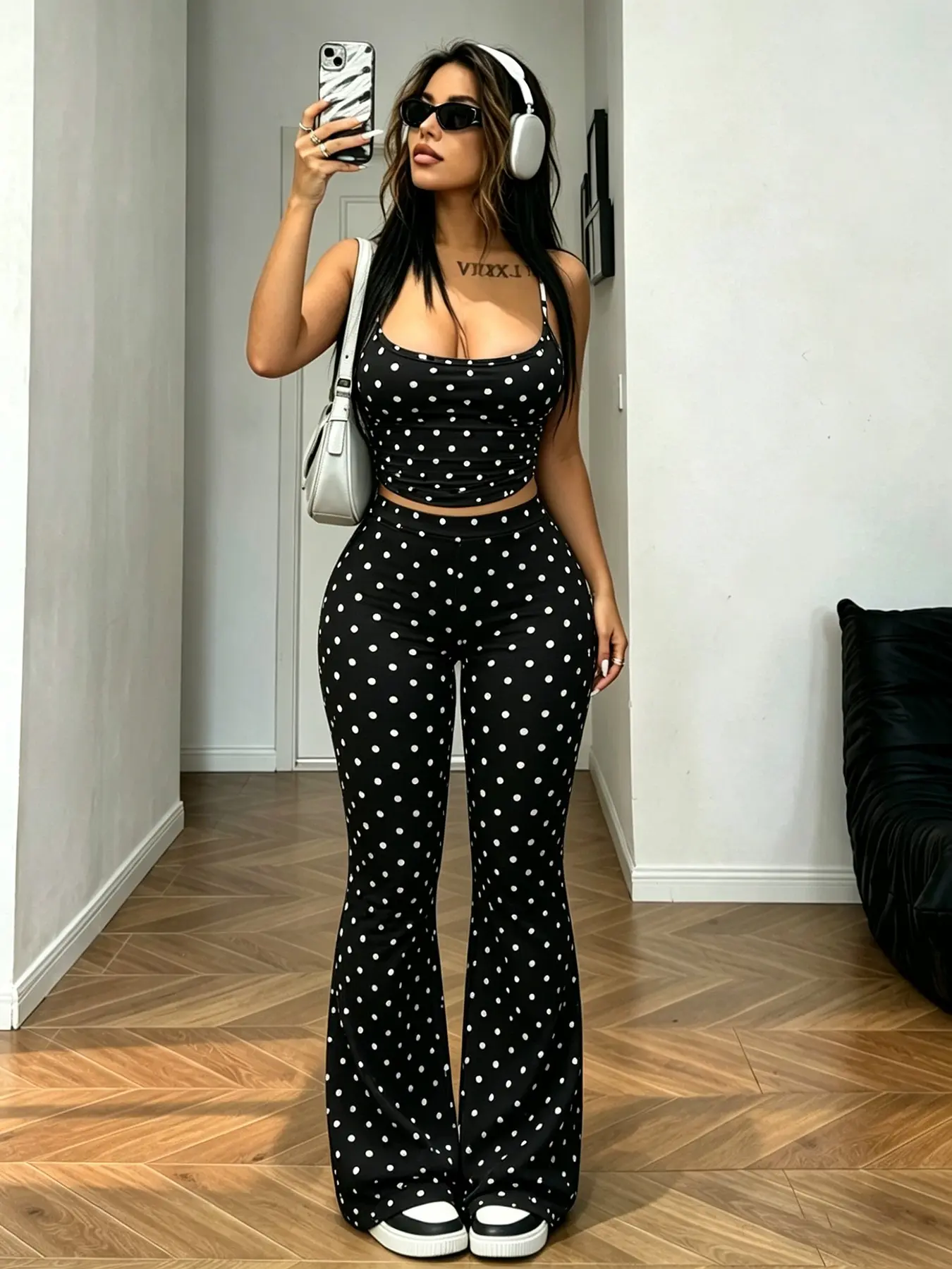 American Retro Vintage Sexy Style Two-Piece Set, Short Fitted Sleeveless Tank Top & High-Waisted Flared Pants, Polka Dot Pattern, Slimming Effect, All Seasons