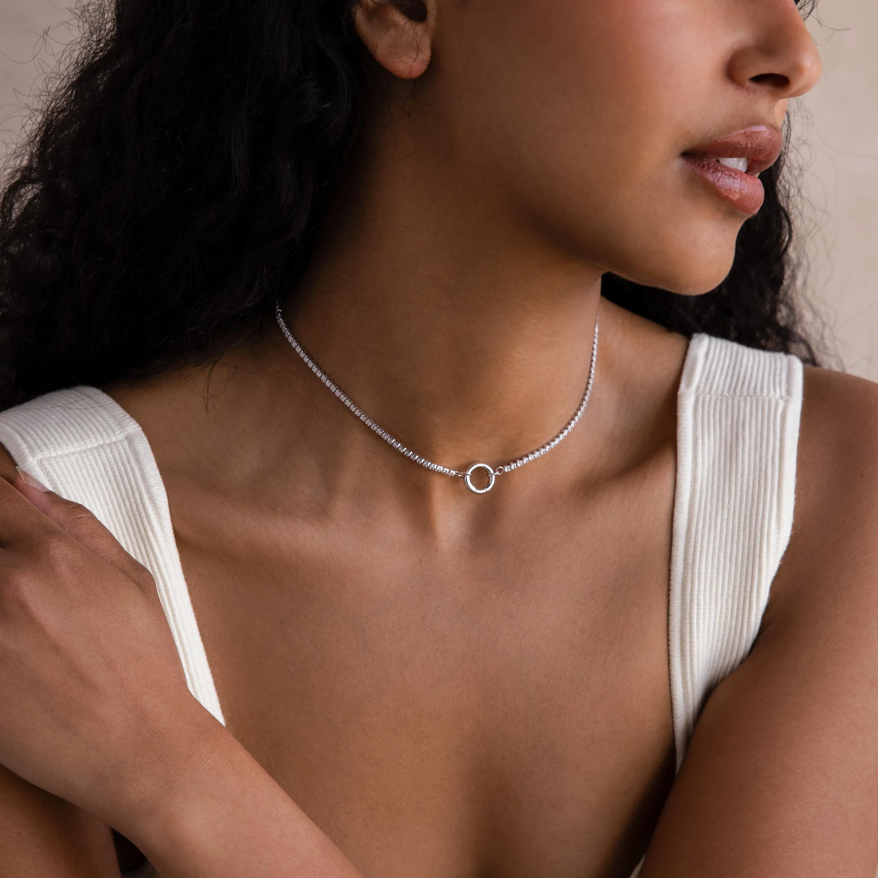Diamond Tennis Clasp Necklace in Silver by Caitlyn Minimalist - Hinged Circle Carabiner Necklace - Diamond Choker Necklace - Silver Charm Holder Necklace - Birthday Gift for Her