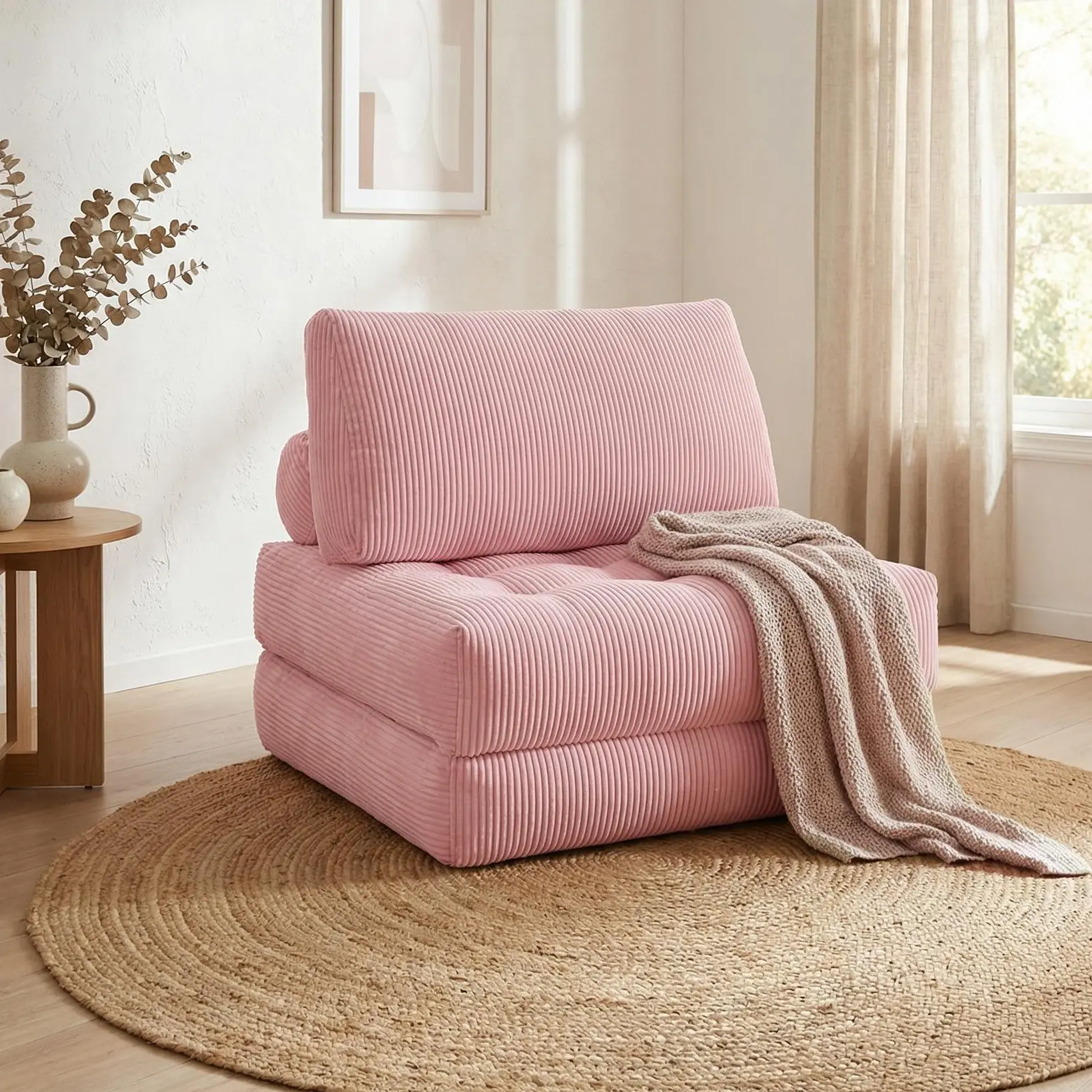 Yomsum 3-in-1 Folding Boneless Sectional Sofa Bed Chaise Lounge - Corduroy Fabric, Comfy Couch, High Density Polyurethane Foam Spring Rebound Seat, Fluffy Memory Foam, Sturdy, Multiple Seats, No Assembly Required - Indoor Apartment Furniture