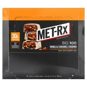 MET-Rx Big 100, Meal Replacement Bar, Vanilla Caramel Churro, 9 Bars, 3.52 oz (100 g) Each