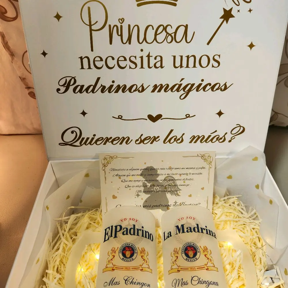 El Padrino Godparents Proposal Gift Box with 2 Glasses 16oz Drinkware Set for Princesses Magic Theme Themed Gift Box Party Favors Assortment