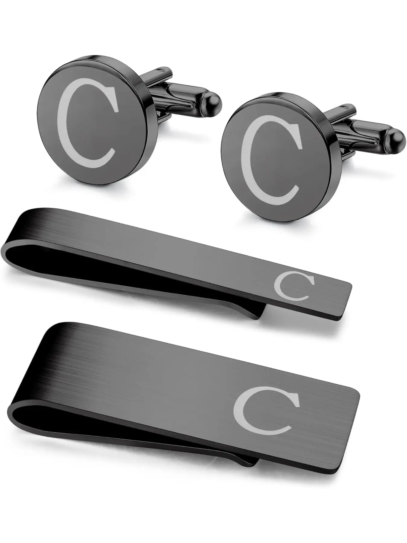 4 PCS Initial Cufflinks and Tie Clips for Men Stainless Steel Personalized Engraved Cufflinks and Tie Bar Money Clip Set Alphabet Letter A-W with Gift Box
