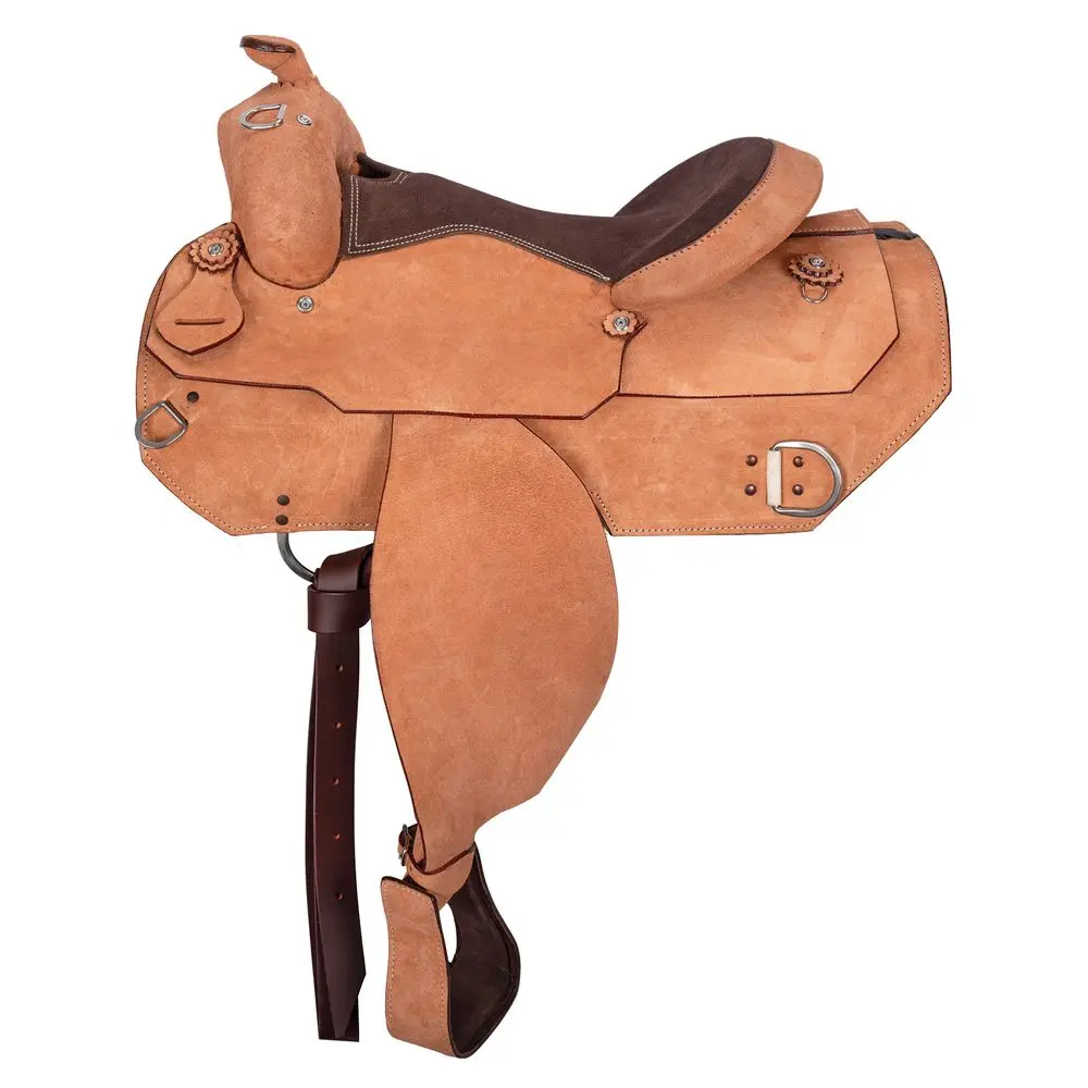 Western Roughout Leather Work Saddle, Lightweight Equestrian Riding Gear with Padded Seat, Pre-Turned Stirrups and Floral Rosettes for Horseback Riding