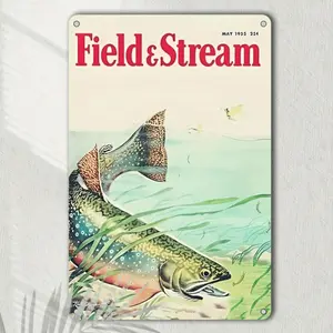 Vintage Fishing Trout Field Stream Metal Sign 8x12 Inch Rustic Wall Art Ideal for Outdoor and Home Decor Unique Gift for Fishing Enthusiasts Nature Inspired Artwork Classic Design Artistic Fish Illustration