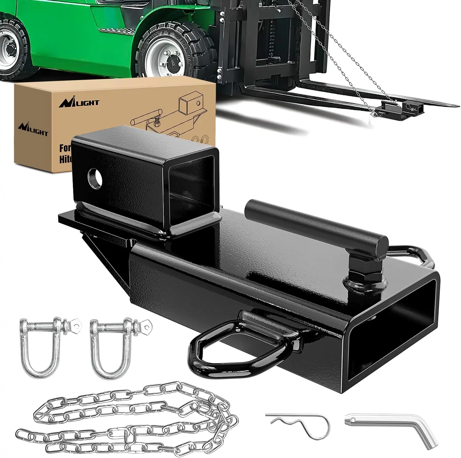Nilight Clamp-On Forklift Trailer Hitch Attachment - Heavy Duty Steel, 2" Receiver Adapter, 5/8" Hitch Pin Clip, Safety Chain, Black, Stability-Enhanced, Industrial-Grade, Fits Most Lifts, for Construction, Agriculture Towing