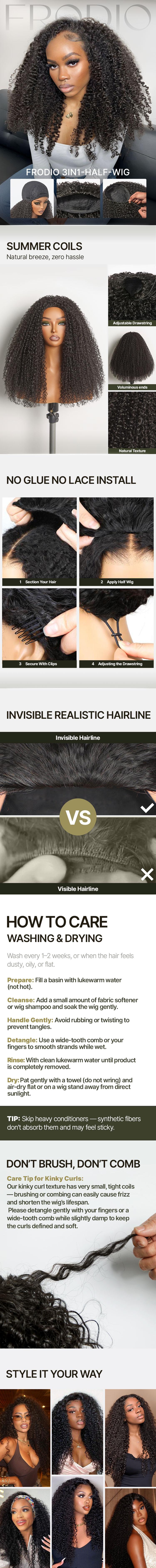 [Blend] Frodio 20" Veralux™ Blend Human Hair 3in1 Half Wig Kinky Curly Hair Ready To Wear Big Hair Curly Hair Wig Natural Volume & Bounce Valentine's Day