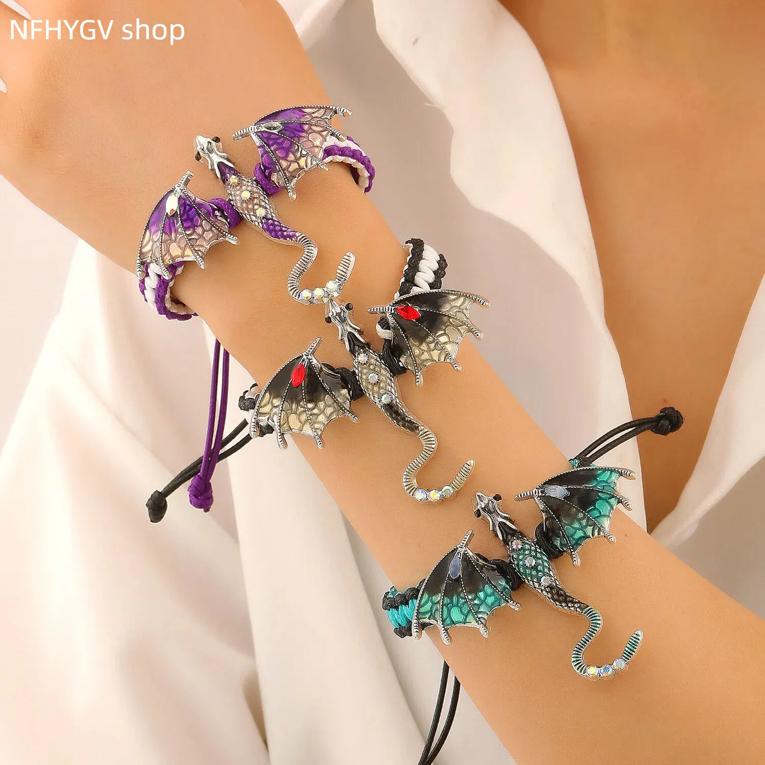 Enamel Dragon Braided Rope Bracelet, Sparkly Crystal Flying Dragon Wristband, Gothic Adjustable Handmade Bangle for Women