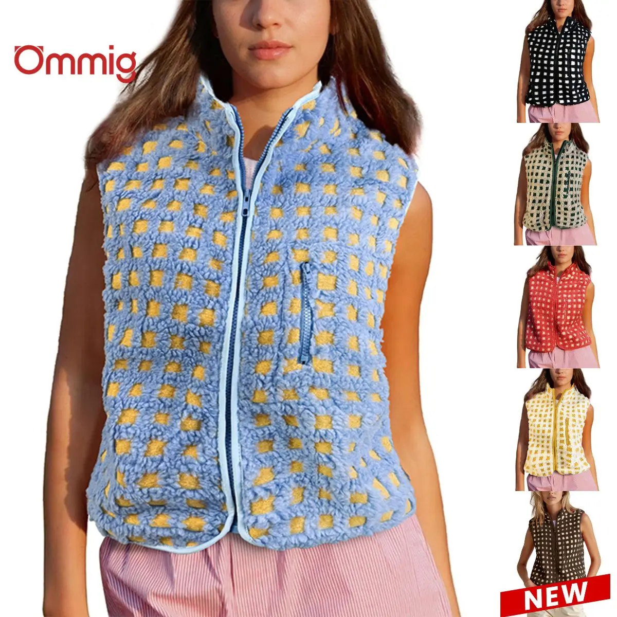 Ommig Women's Checkered Sherpa Fleece Vest, Fuzzy High Neck Sleeveless Outerwear with Zip Pockets, Lightweight for Fall Winter Layering, Plaid, Classic Fleece Women's Vests, Chic Women's Vests, Casual Women's Vests
