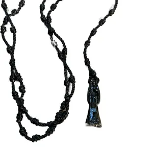 All black Santa Muerte Thread Rosary with Pendant, Unisex, 18 inches long