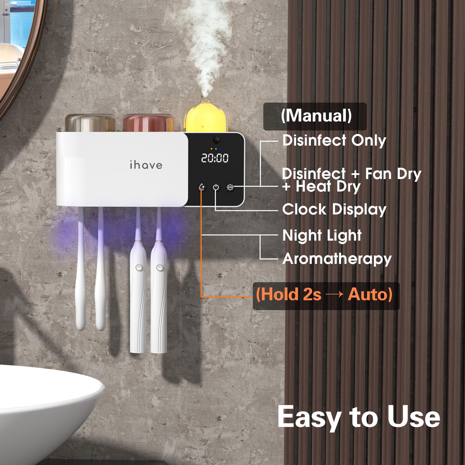 iHave Toothbrush Holders with UV Toothbrush Sanitizer & Aromatherapy Diffuser - Toothbrush Holder for Wall Mounted Toothbrush Organizer, Toothbrush Sanitizer and Holder with Night Light, Clock, Turbo Air Heated Drying – Bathroom Organizing with 2 Cups iHave Toothbrush Holders with UV Toothbrush Sanitizer & Aromatherapy Diffuser - Toothbrush Holder for Wall Mounted Toothbrush Organizer, Toothbrush Sanitizer and Holder with Night Light, Clock, Turbo Air Heated Drying – Bathroom Organizing with 2 Cups