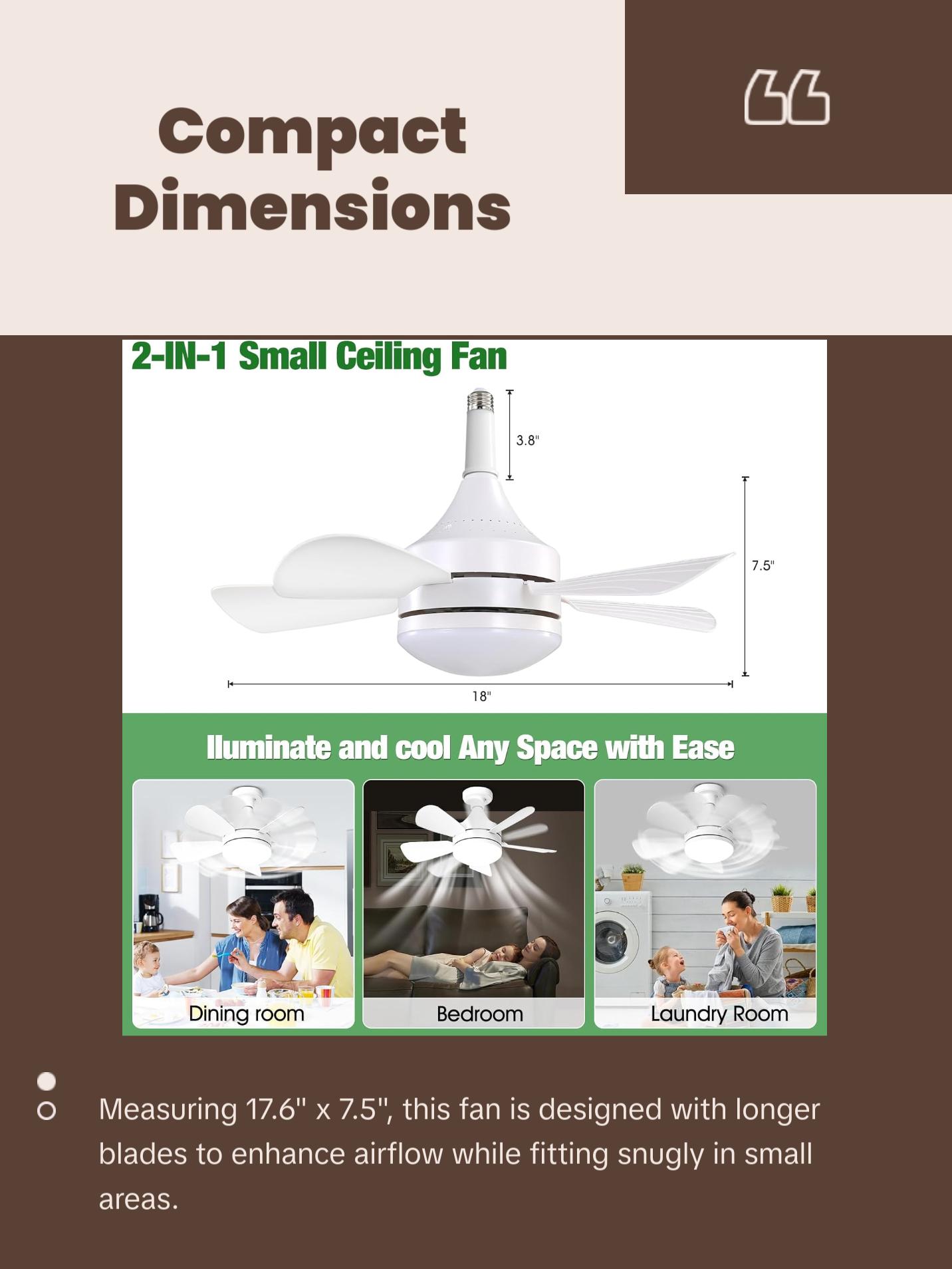 Socket Fan Light +Remote, 2000 Lumens 17.8" E26 Base Screw in Ceiling Fan Dimmbl