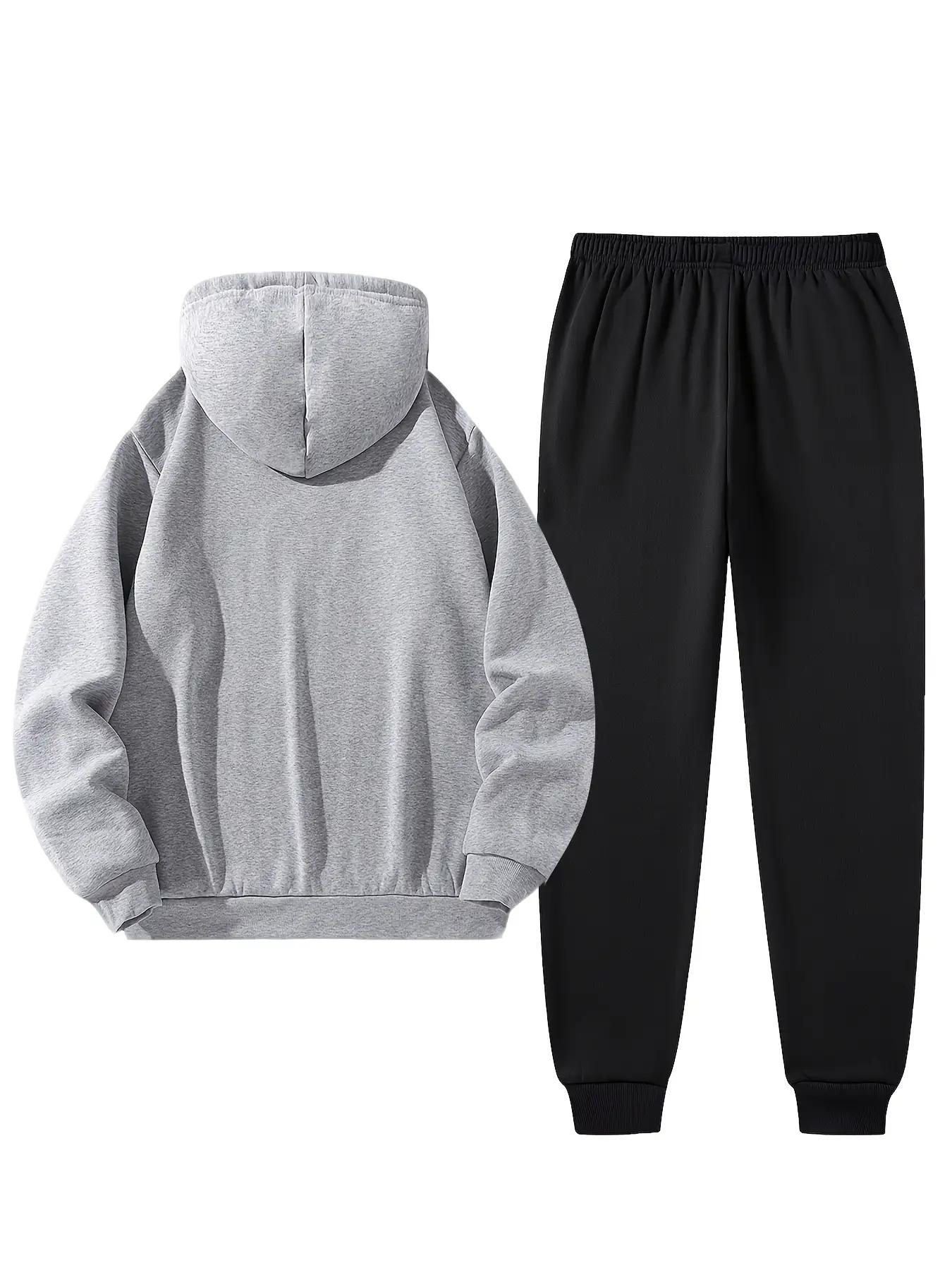 Men's sports two-piece hooded sweatshirt and pants set - gray with black logo, non stretch fabric, regular style, pocket, suitable for autumn and winter, casual wear | hooded sweatshirt | pocket pants, sweater hooded sweatshirt