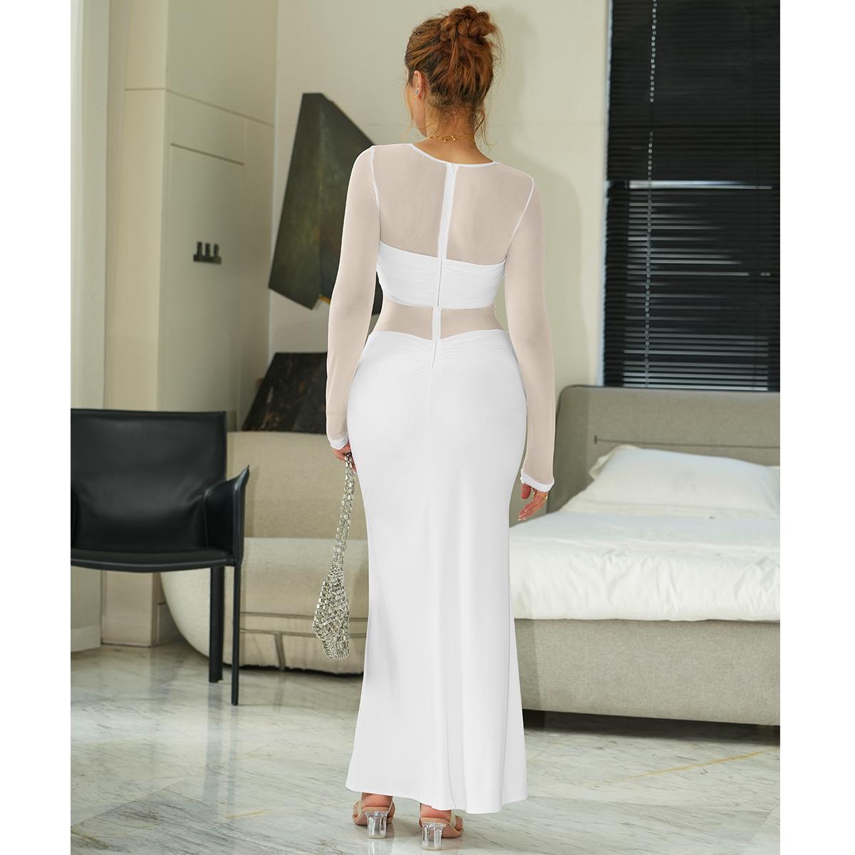 Aprilake Women's Sexy Mesh Long Sleeve Sheer Panel Bodycon Ruched Twist Wrap Stretchy Maxi Dress