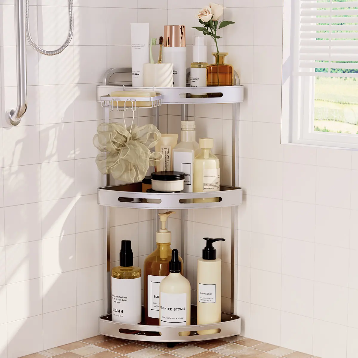 3-Tier Rustproof Eco-Friendly Modern Corner Shower Caddy, Space-Saving Standing Bathroom Organizer with Soap Holder, Non-Slip Feet