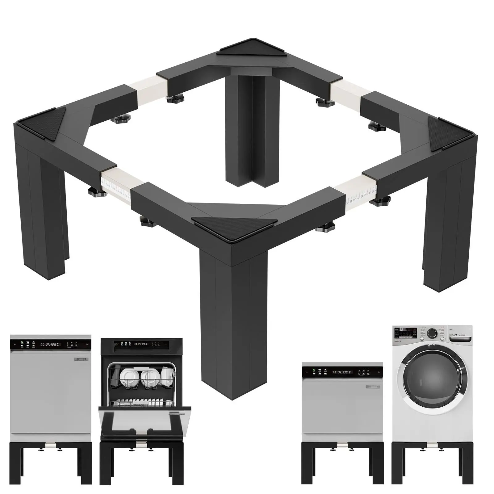 Heavy-Duty Stainless Steel Metal Washer & Dryer Stand, 12/16 in Height, 17.7-31 in Adjustable Width, Universal Laundry Pedestal, Black