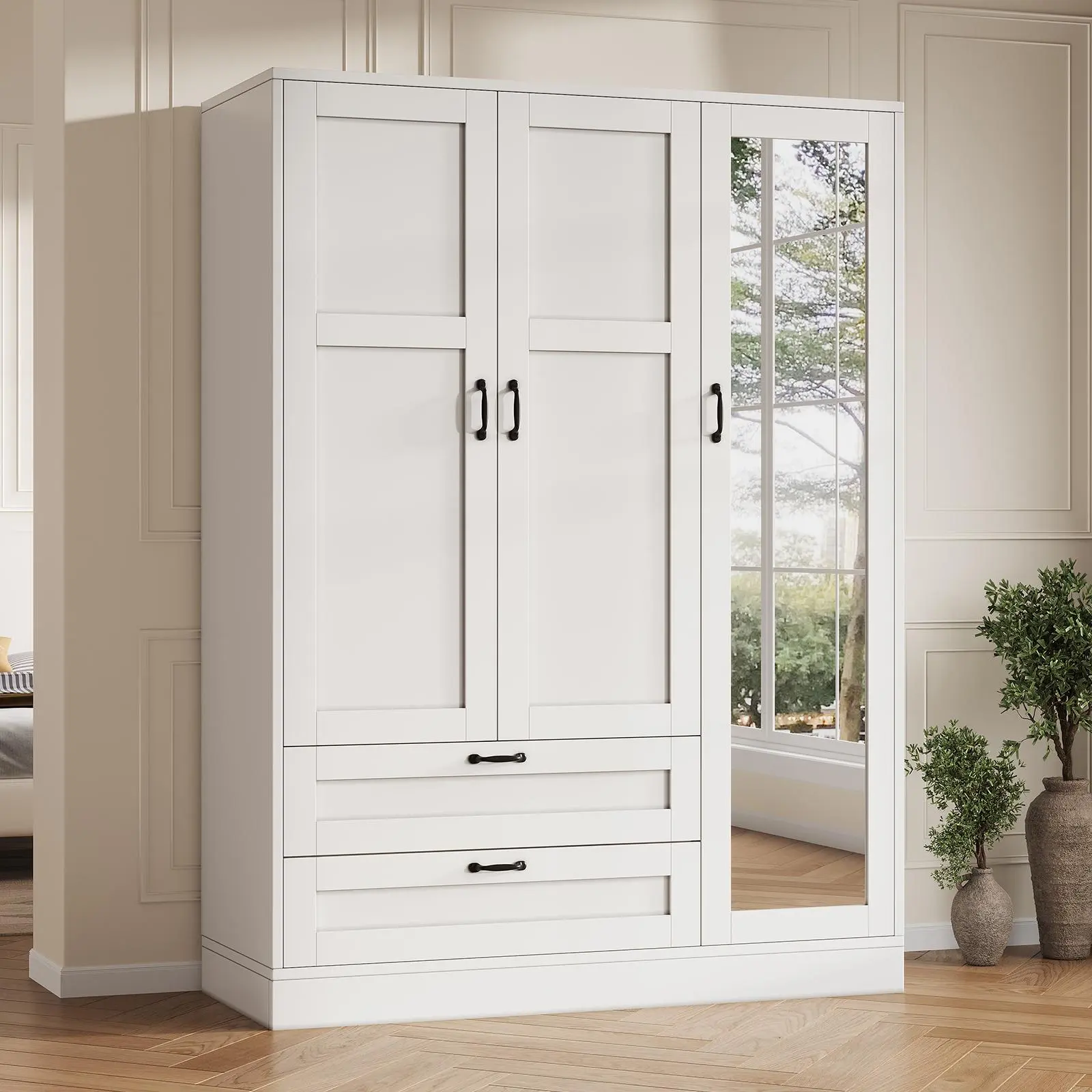 FUSOU 5-in-1 Freestanding Wooden Bedroom Armoire - White Wood Closet Organizer Cabinet with Full Body Mirror, 2 Drawers, Adjustable Shelves for Bedroom Storage (Shipped in 2 Packages), Modern SummerVibe Indoor Furniture,dorm essentials,home decor