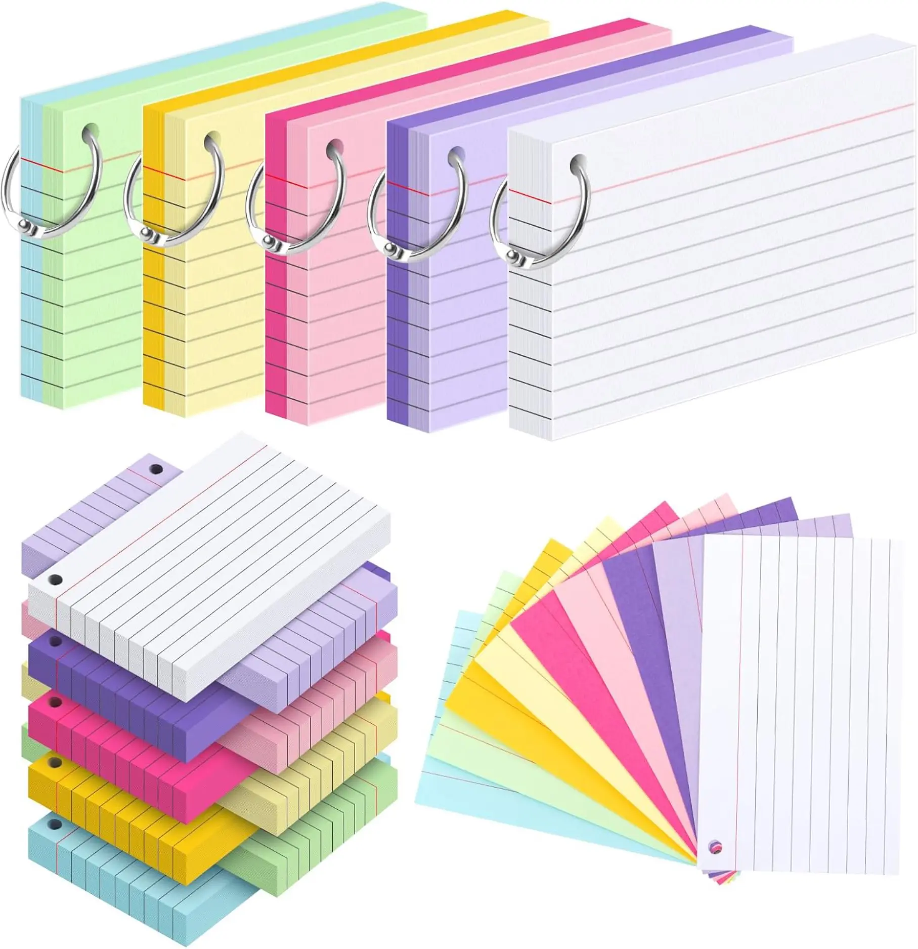 250 Count Colored Index Cards with Key Ring, 3 x 5 Inch Ruled Flash Cards 9 Color, 5 Packs of 50 Sheets Lined Study Note Cards for School&Office Supplies, Heavy Flashcards with Waterproof Cover,back to school,back to school haul