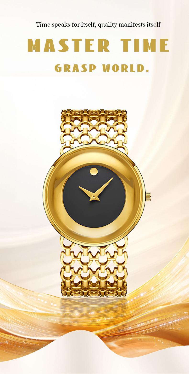 Luxury Round Bracelet Watch    Fashionable Women's Wristwatch Gold Black Dual Color Options Waterproof Free Size Adjustment Suitable for Daily Wear