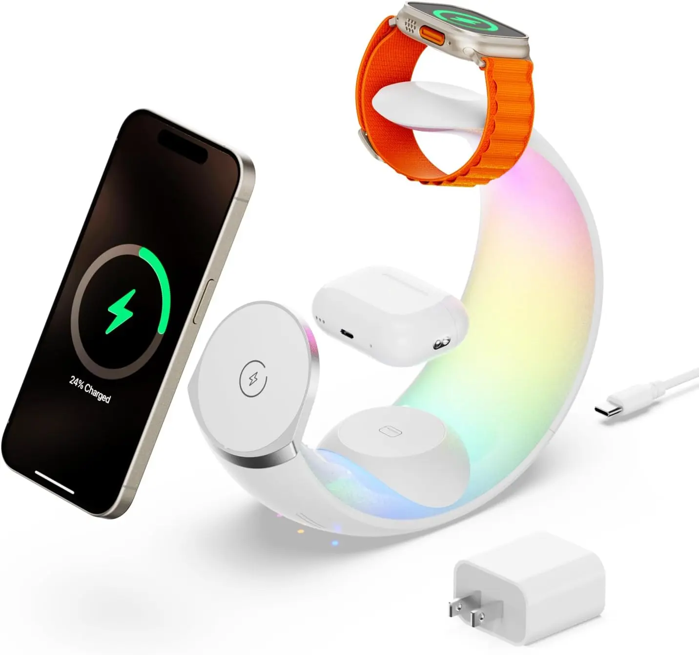 4-in-1 wireless charging dock for Apple devices, featuring LED RGB lighting, supporting the entire iPhone series (16/15/14/13/12/11/9/8), Apple Watch, and AirPods/AirPods Pro.