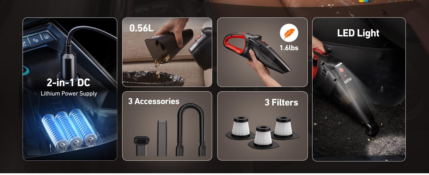 AstroAI Compact Car Vacuum with 12V DC Power,16.4 Ft Cigarette Lighter Cord,LED Light,7500 PA of Suction, Powerful Motor,with 3 nozzles  and 5-meter cord